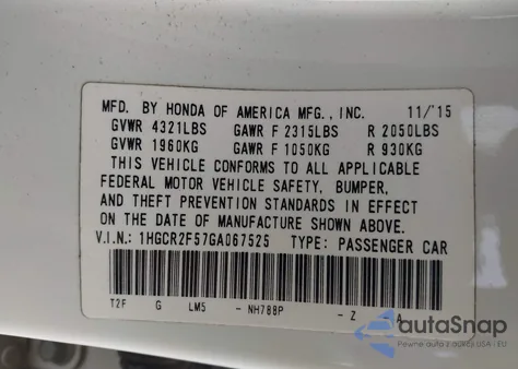 2016 Honda Accord Sport из США, поврежденный, VIN 1HGCR2F57GA067525